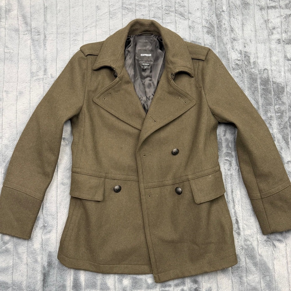 Express Mens Olive Green Wool Blend Water Resistant Peacoat Jacket Small 10668